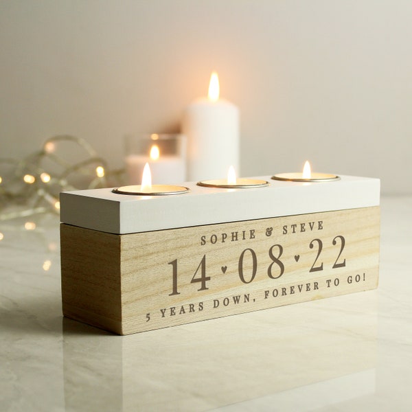 Personalised Large Date Triple Tea Light Box | Candle Holder, Wedding, Anniversary, New Home Gift