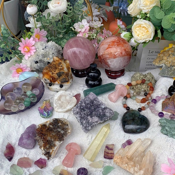 Natural Crystal Surprise Box: Raw & Tumbled Stones, Carvings