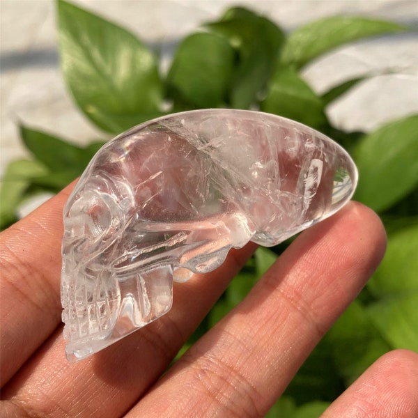 Hand Carved Clear Quartz Alien Skull: Crystal Healing Decor