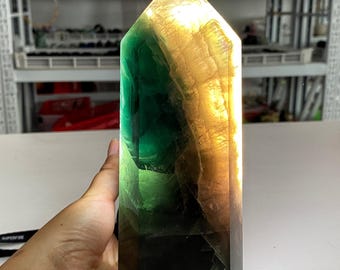 8.8‘’ Natural Fluorite Obelisk, Quartz Wand Point，Crystal Tower，Mineral Specimen，Home Decor，Reiki Healing，Energy Crystal，Crystal Gifts