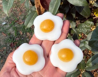 Natural White & Yellow Calcite Poached Egg, Hand Carved Crystal Fried Egg,Home Decor, Unique Crystal Gift 1pc