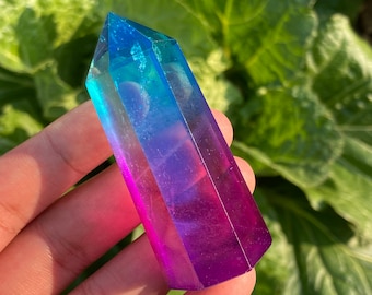70g+ 1pc Clear electroplate Titanium Rainbow Red/Blue Obelisk,Quartz Tower,Crystal Point Wand,Home Decoration,Mineral Specimen,Crystal Gifts