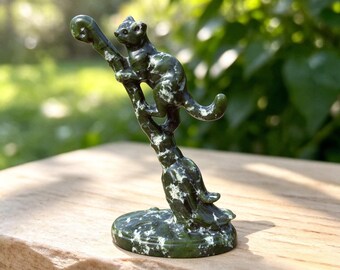 Natural Serpentine Cat on Besom Figurine, Dark Green Crystal Cat Statue, Home Decor, Reiki Healing,Halloween gift
