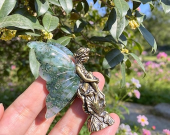 Natural Moss Agate Wing Fairy Figurine, Bronze Fairy Body with Amethyst Wings, Reiki Healing Crystal Home Decor, Fantasy Crystal Gift