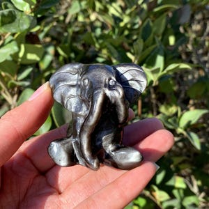 May include: A small, black obsidian elephant figurine with a shiny, iridescent finish. The elephant is sitting with its trunk raised and its eyes closed.