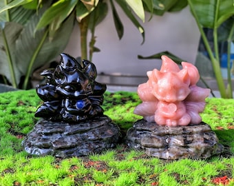 Rose Quartz Nine Tailed Fox Crystal Carving, Natural Hand Crafted