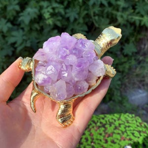 May include: A gold turtle figurine with a hollow back filled with amethyst crystals.