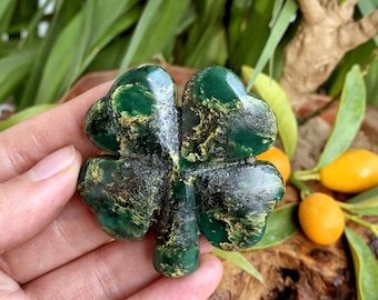 Emerald Jasper Four Leaf Clover: Crystal Plant Decor, Reiki Healing
