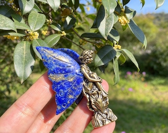 Natural Lapis Lazul Wing Fairy Figurine, Bronze Fairy Body with Amethyst Wings, Reiki Healing Crystal Home Decor, Fantasy Crystal Gift