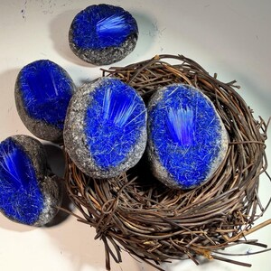 Può includere: Cinque pietre grigie con vibranti formazioni di cristalli blu sono esposte, alcune adagiate in un nido di ramoscelli intrecciati. Le pietre hanno una consistenza ruvida e i cristalli si irradiano dal centro, creando un contrasto sorprendente.