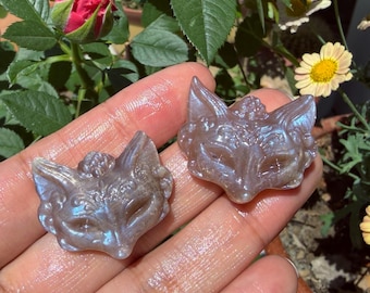 Natural Grey Moonstone Fox Face Carvings,Polished Crystal Fox Spirit Ornaments,Reiki Healing Gift1PC