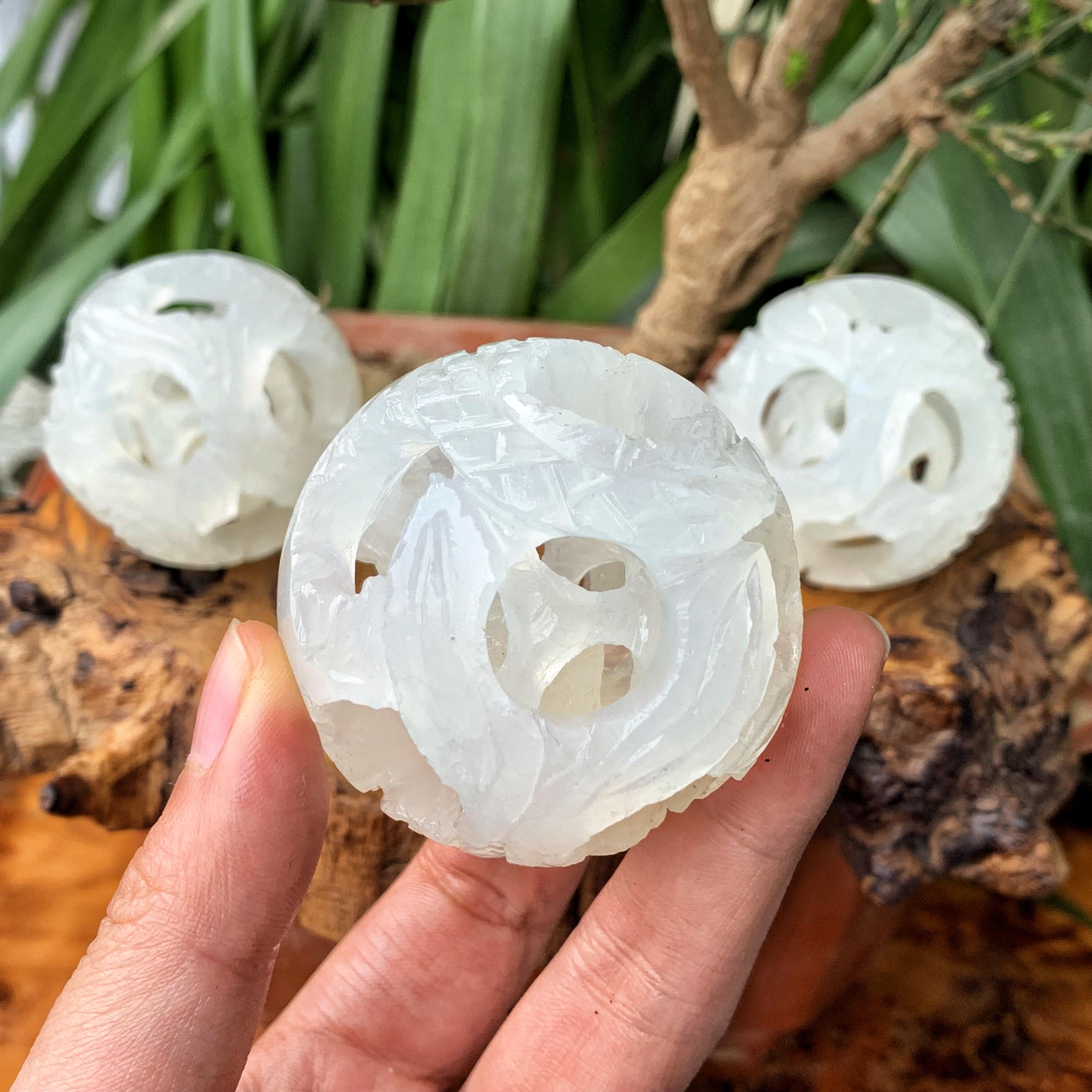 White Jade Dragon Ball Set: Carved Linglong Sphere, Reiki Healing