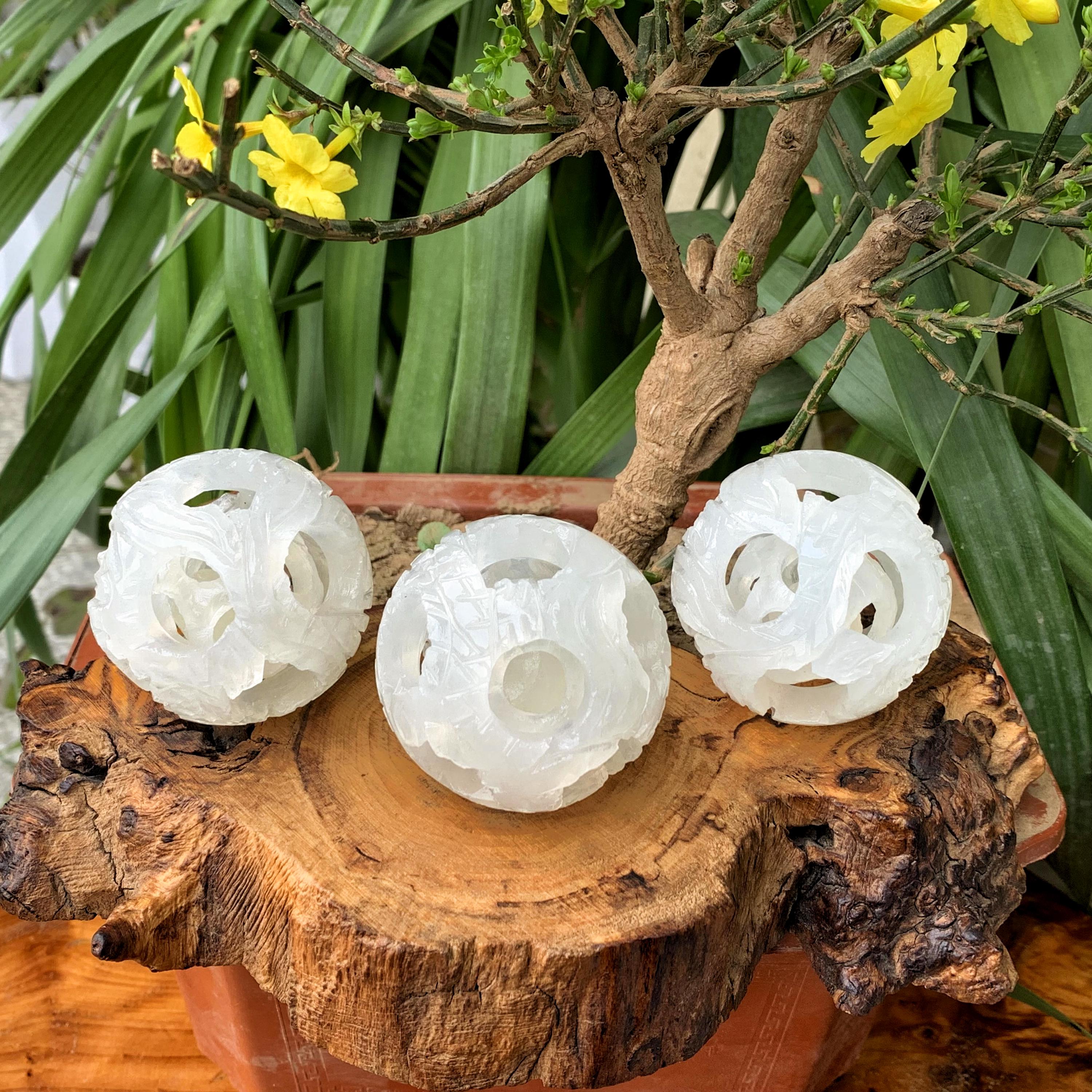 White Jade Dragon Ball Set: Carved Linglong Sphere, Reiki Healing