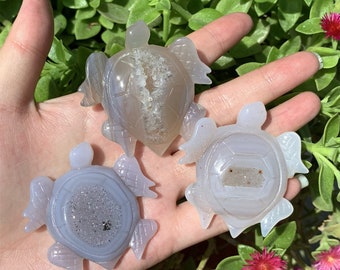 Hand Carved Agate Geode Turtle, Quartz Crystal Animal, Home Decor