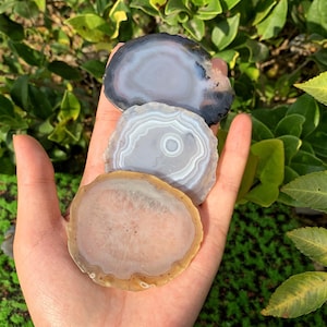 Puede incluir: Tres rebanadas de ágata con diferentes patrones y colores. La rebanada superior es negra con bandas blancas y grises. La rebanada del medio es blanca con bandas grises. La rebanada inferior es marrón claro con bandas blancas y grises.