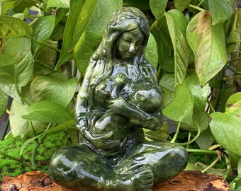Green Jade Mother Earth Sculpture: Crystal Gaia Goddess, Home Decor (5.6")