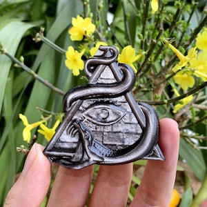 May include: A black and silver pyramid with an eye in the center, surrounded by a snake. The pyramid is a popular symbol of the Illuminati.
