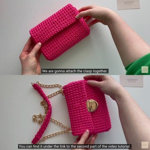 K&ouml;nnte beinhalten: Eine leuchtend pinke geh&auml;kelte Handtasche mit rechteckiger Klappe und einem goldfarbenen Metallverschluss. Die Tasche hat einen passenden geh&auml;kelten Riemen, der mit einer goldfarbenen Metallkette kombiniert ist. Der Text auf dem Bild lautet: We are gonna attach the clasp together. You can find it under the link to the second part of the video tutorial.
