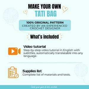 K&ouml;nnte beinhalten: Eine digitale Grafik mit dem Titel Make Your Own Tati Bag, die ein 100% originelles Muster eines H&auml;keldesigners zeigt. Sie enth&auml;lt ein Video-Tutorial mit englischen Untertiteln sowie eine Material- und Werkzeugliste.