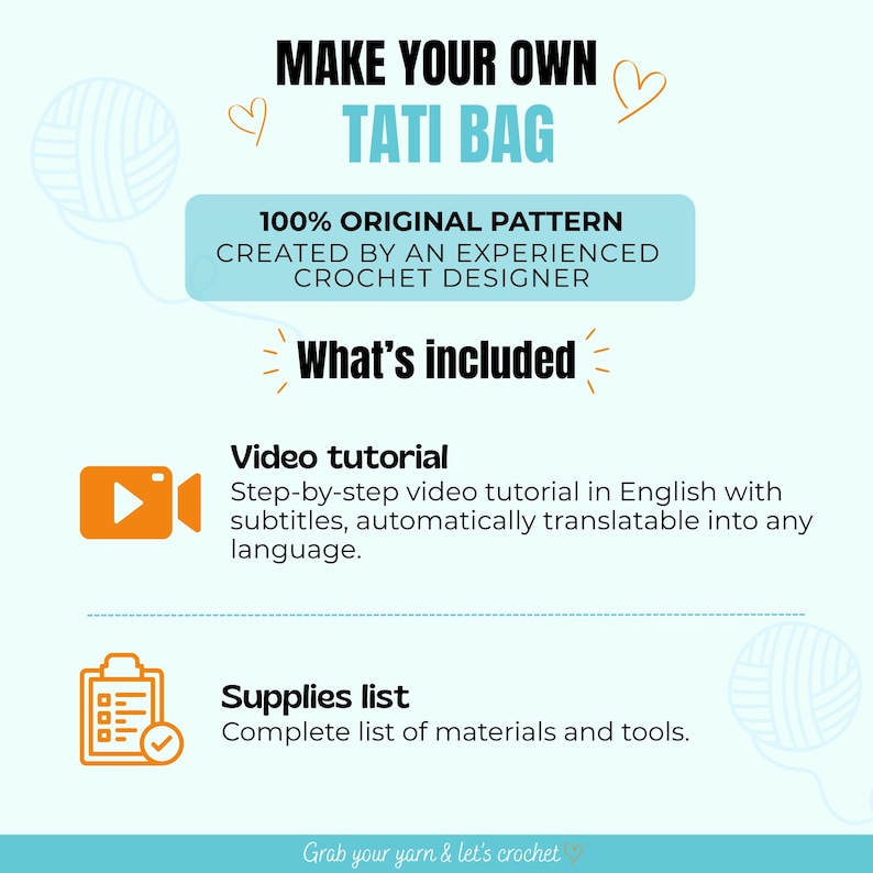 K&ouml;nnte beinhalten: Eine digitale Grafik mit dem Titel Make Your Own Tati Bag, die ein 100% originelles Muster eines H&auml;keldesigners zeigt. Sie enth&auml;lt ein Video-Tutorial mit englischen Untertiteln sowie eine Material- und Werkzeugliste.