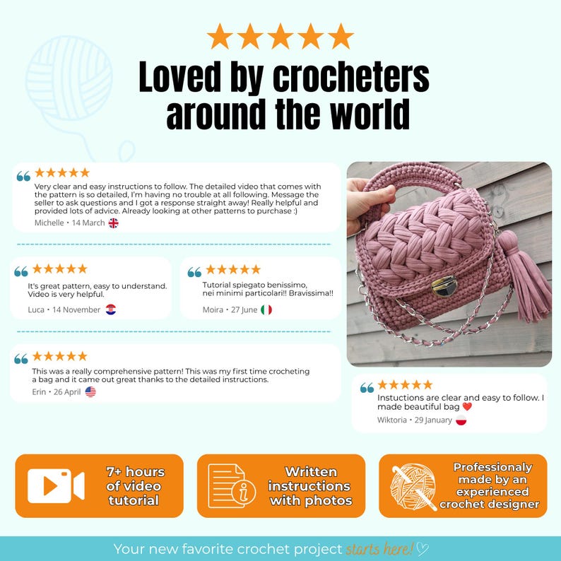 Haakpatroon voor een tas, gedetailleerde videotutorial, stapsgewijs patroon, trendy doe-het-zelf gehaakte tas, handgemaakte handtas, Engelstalig PDF-bestand afbeelding 4