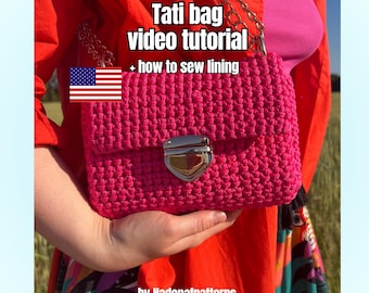 Crochet bag pattern, detailed video tutorial, step by step guide, purse hand crafted project, diy handmade bag gift idea + how to sew lining