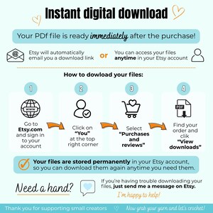 K&ouml;nnte beinhalten: Eine Anleitungsgrafik f&uuml;r einen sofortigen digitalen Download. Sie beschreibt vier Schritte zum Zugriff auf PDF-Dateien bei Etsy, einschlie&szlig;lich der Anmeldung, der Navigation zum Kontomen&uuml;, der Auswahl der K&auml;ufe und des Herunterladens.
