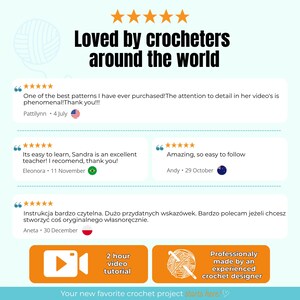 K&ouml;nnte beinhalten: Eine Grafik mit f&uuml;nf orangefarbenen Sternen und dem Text Loved by crocheters around the world. Sie zeigt vier Kundenbewertungen mit f&uuml;nf Sternen, ein Symbol f&uuml;r ein 2-st&uuml;ndiges Video-Tutorial und ein Abzeichen Professionally made by an experienced crochet designer.