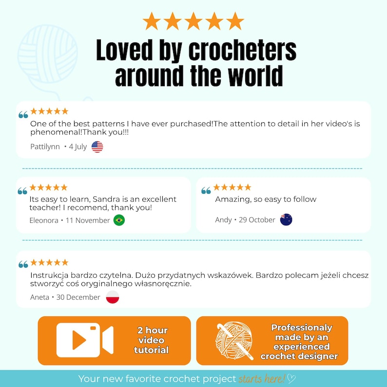 K&ouml;nnte beinhalten: Eine Grafik mit f&uuml;nf orangefarbenen Sternen und dem Text Loved by crocheters around the world. Sie zeigt vier Kundenbewertungen mit f&uuml;nf Sternen, ein Symbol f&uuml;r ein 2-st&uuml;ndiges Video-Tutorial und ein Abzeichen Professionally made by an experienced crochet designer.