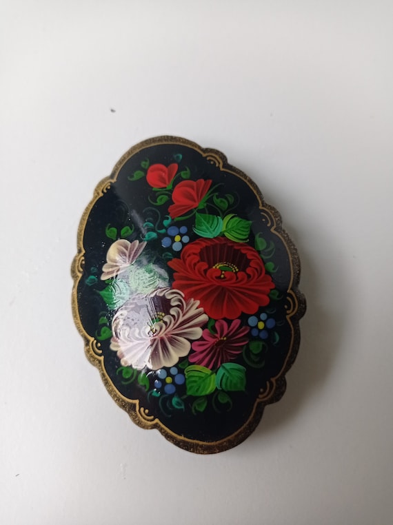 Vintage Russian Lacquer Brooch-Hand Painted-Signe… - image 1