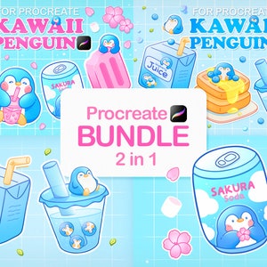 Paquete Kawaii Procreate, sellos de anime Procreate, sellos lindos Procreate, pinceles de comida, pinceles kawaii, pinceles para sellos de pingüinos, flor de cerezo