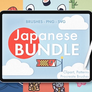 May include: A digital tablet screen displaying a Japanese themed design bundle. The text "Japanese Bundle" is in large, bold white letters on a red circle. The text "Brushes - PNG - SVG" is in black text at the top of the screen. The text "Clipart, Patterns, Procreate Brushes" is in black text at the bottom of the screen. The tablet is surrounded by a collage of Japanese themed illustrations.