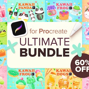 Könnte beinhalten: Ein digitales Kunstpaket für Procreate mit mehreren Feldern von Illustrationen im Kawaii-Stil, darunter Pandas, Frösche, Bären, Hunde, Kaninchen und Lebensmittel. Der zentrale Text lautet for Procreate ULTIMATE BUNDLE mit einem 60% OFF Abzeichen.