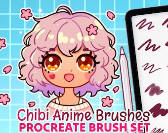 Puede incluir: Ilustración de un personaje de anime chibi con cabello rosa y detalles florales. Una tableta muestra ejemplos de trazos de pincel, junto con un lápiz óptico. El texto "Chibi Anime Brushes PROCREATE BRUSH SET" también está presente.