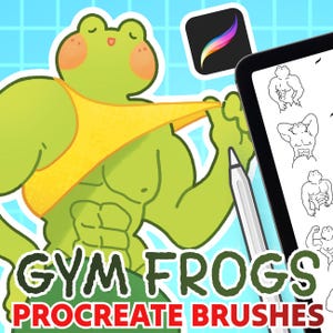 May include: A cartoon illustration features a muscular green frog wearing a yellow swimsuit. The text "GYM FROGS PROCREATE BRUSHES" is displayed in green and red. A digital tablet displays frog sketches, with a stylus and the Procreate app icon.