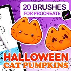 May include: Digital art brushes for Procreate featuring Halloween cat pumpkins. The image includes a tablet with a stylus, orange cat pumpkin illustrations, and the text "20 BRUSHES FOR PROCREATE" and "HALLOWEEN CAT PUMPKINS".