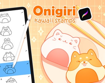May include: A digital drawing of six different onigiri, or Japanese rice balls, shaped like cute animals. The onigiri are drawn in black and white on a white background. The text "Onigiri kawaii stamps" is written in black at the top of the image.