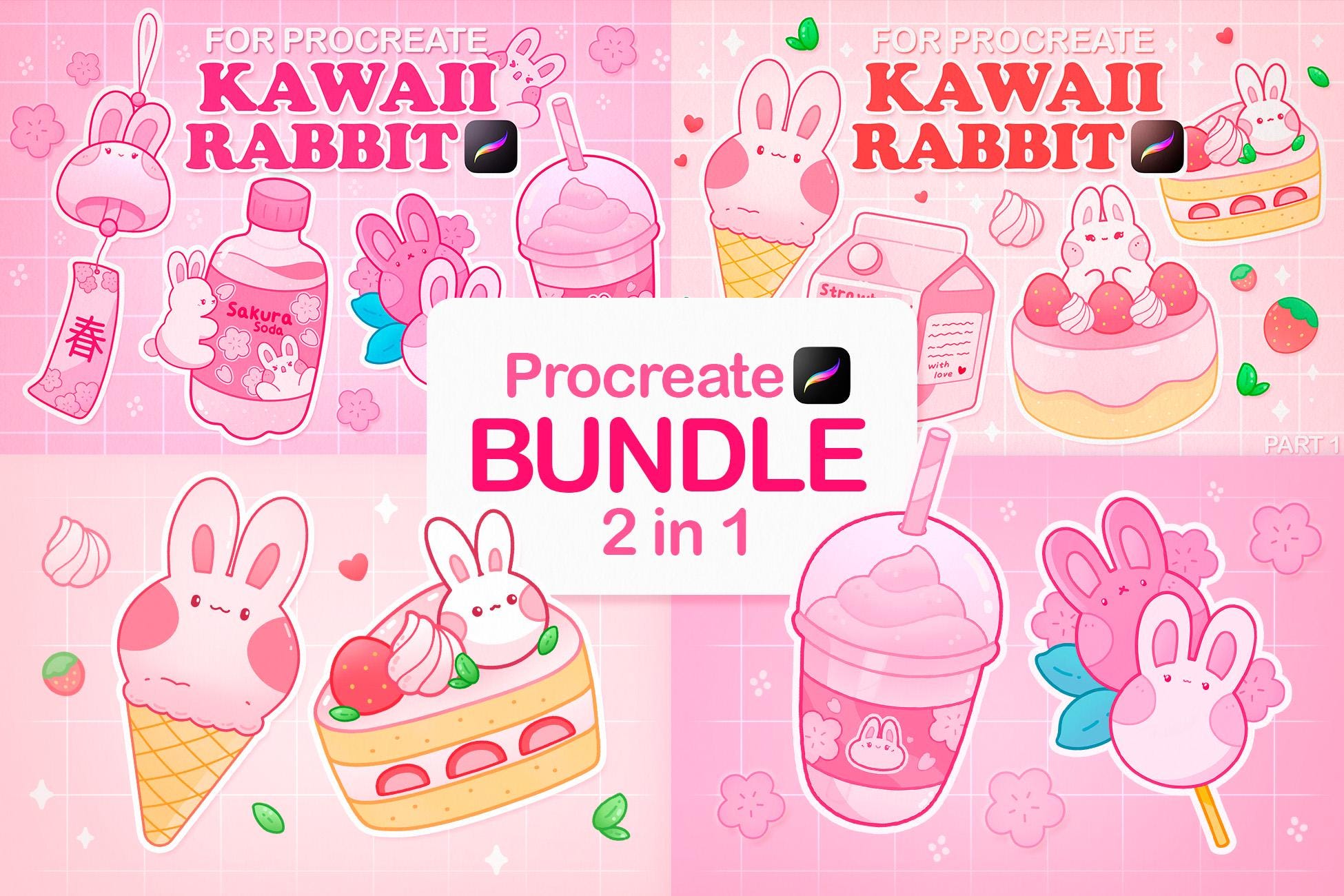 Kawaii Procreate Brush Bundle — Anime Stamp Brushes, Cute Sakura & Furin Stamps, Outlines, Shadows, Palette