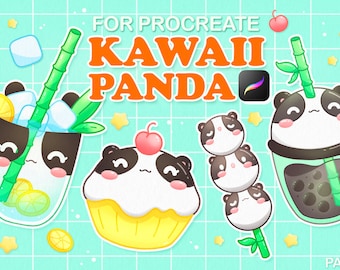 May include: Four cute panda illustrations in a kawaii style. The pandas are depicted as a cupcake, a boba tea, a lemonade, and a stack of mochi. The illustrations are on a turquoise background with white grid lines and white stars.