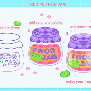 May include: A step-by-step guide on how to make frog jam. The image shows three jars, the first is a line drawing of a jar labeled "FROG JAM", the second jar is filled with pink jam and a green frog, and the third jar is filled with pink jam and two green frogs. The text "add color and details" is above the second jar, and the text "and some magic..." is above the third jar.