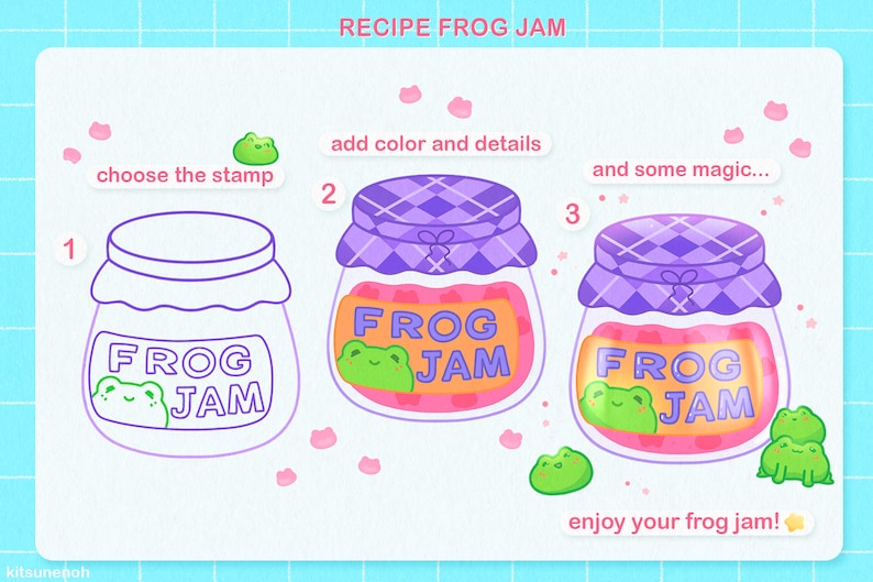 May include: A step-by-step guide on how to make frog jam. The image shows three jars, the first is a line drawing of a jar labeled "FROG JAM", the second jar is filled with pink jam and a green frog, and the third jar is filled with pink jam and two green frogs. The text "add color and details" is above the second jar, and the text "and some magic..." is above the third jar.