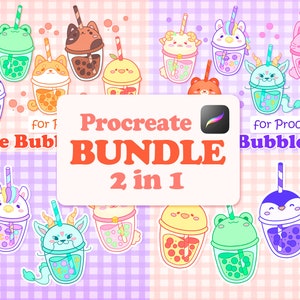 Paquete de pinceles kawaii, pinceles de té de burbujas, pinceles de anime para Procreate, sellos bonitos, sello kawaii para Procreate, sello japonés para Procreate, té de burbujas