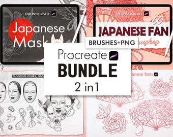 Japanisches Tattoo Stamps 100, japanische Maske, japanisches Tattoo Procreate, japanische Stempel für Procreate, Schablonentattoo, Procreate Pfingstrose, Bundle