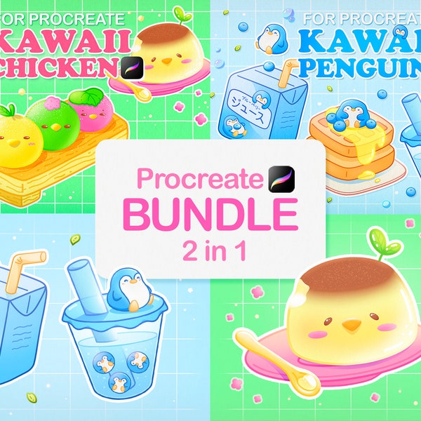 Kawaii Procreate BUNDLE, Procreate Brushes Kawaii, Anime Procreate Stamps, Dishes Brushes, Food Stamp, Kawaii Brushes, Penguin Stamp Brushes