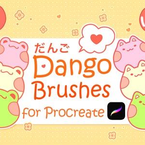 Może przedstawiać: Grafika cyfrowa z tekstem "Dango Brushes for Procreate" w kolorze pomarańczowym. Obraz przedstawia kreskówkowe dango, japoński deser, w kształcie żab i truskawek. Tło jest jasnożółte z małymi akcentami kwiatów i serc.