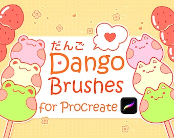May include: A digital art graphic with the text "Dango Brushes for Procreate" in orange. The image features cartoon dango, a Japanese dessert, in the shape of frogs and strawberries. The background is a light yellow with small flower and heart accents.