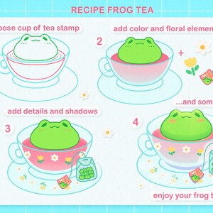 May include: A step-by-step guide on how to draw a frog tea. The illustration shows a frog in a teacup with a tea bag. The steps include choosing a teacup, adding color and floral elements, adding details and shadows, and enjoying the frog tea.