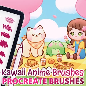 May include: Digital art illustration featuring a picnic scene with a girl, cat, and frog. The image includes food, drinks, and cherry blossoms. The text reads "Kawaii Anime Brushes" and "Procreate Brushes". A tablet displays brush strokes.
