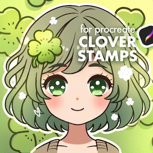 May include: Illustration of a cartoon girl with green hair and eyes, adorned with clovers and flowers. The image includes the text "for procreate CLOVER STAMPS" and a Procreate app icon, set against a green clover background.
