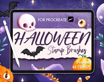 May include: A purple tablet screen with the text "HALLOWEEN Stamp Brushes" and a graphic of a pumpkin, a bat, a skull, and a witch's hat. The text "For Procreate 66 Stamps" is also visible on the screen.